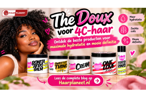 The Doux haarverzorgingsproducten voor 4C-haar, waaronder Bonita Afro Balm, Bee Girl Honey Moisture Mask, Creme Twist & Curl Cream, One Love Co-Wash en Fresh Rinse Conditioner, voor meer hydratatie, zachte coils en mooie definitie bij Haarplaneet.nl.