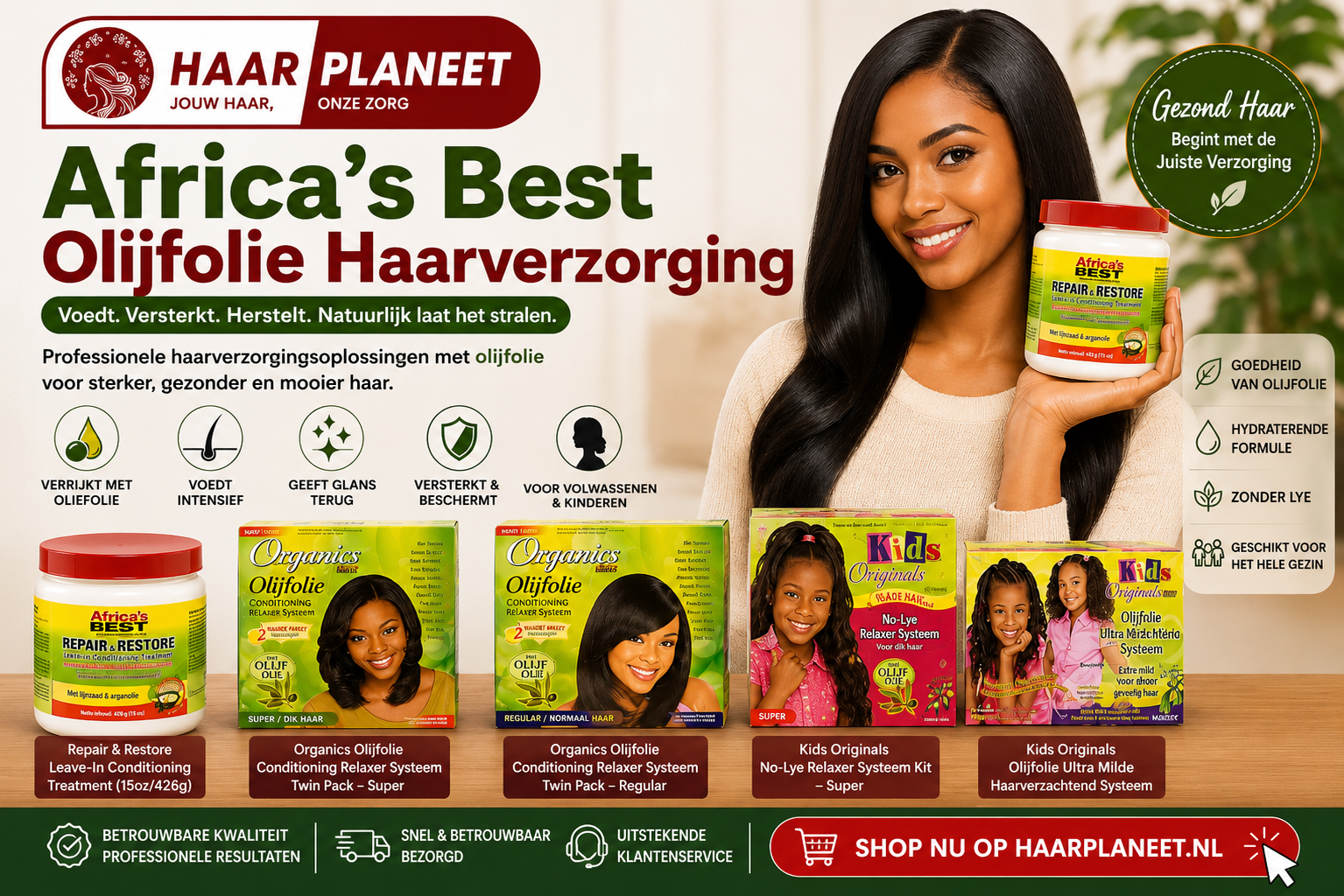 Africa's Best olijfolie haarverzorging bij Haarplaneet met Repair & Restore Leave-In Conditioner, Organics Olive Oil Relaxer Systems en Kids Originals haarverzorging voor gezond, sterk en glanzend haar.