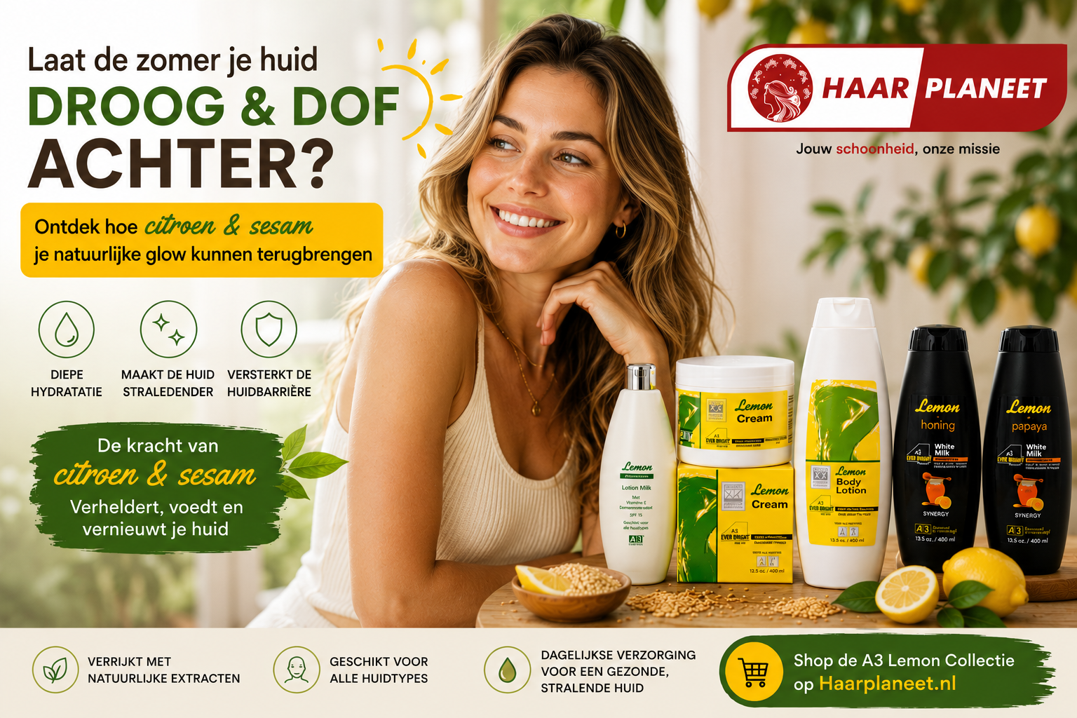 A3 Lemon huidverzorgingsproducten met citroenextract en sesamolie voor droge en doffe zomerhuid