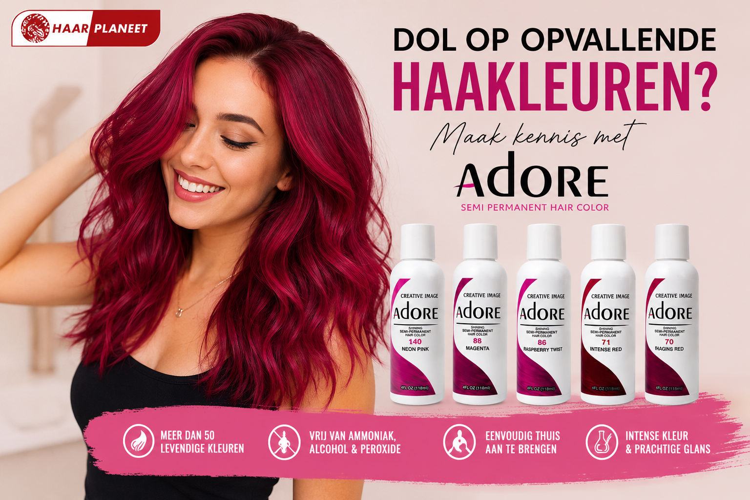 Adore Semi Permanent Hair Color shades Neon Pink, Magenta, Raspberry Twist, Intense Red and Raging Red displayed with a model showcasing vibrant healthy-looking colored hair.