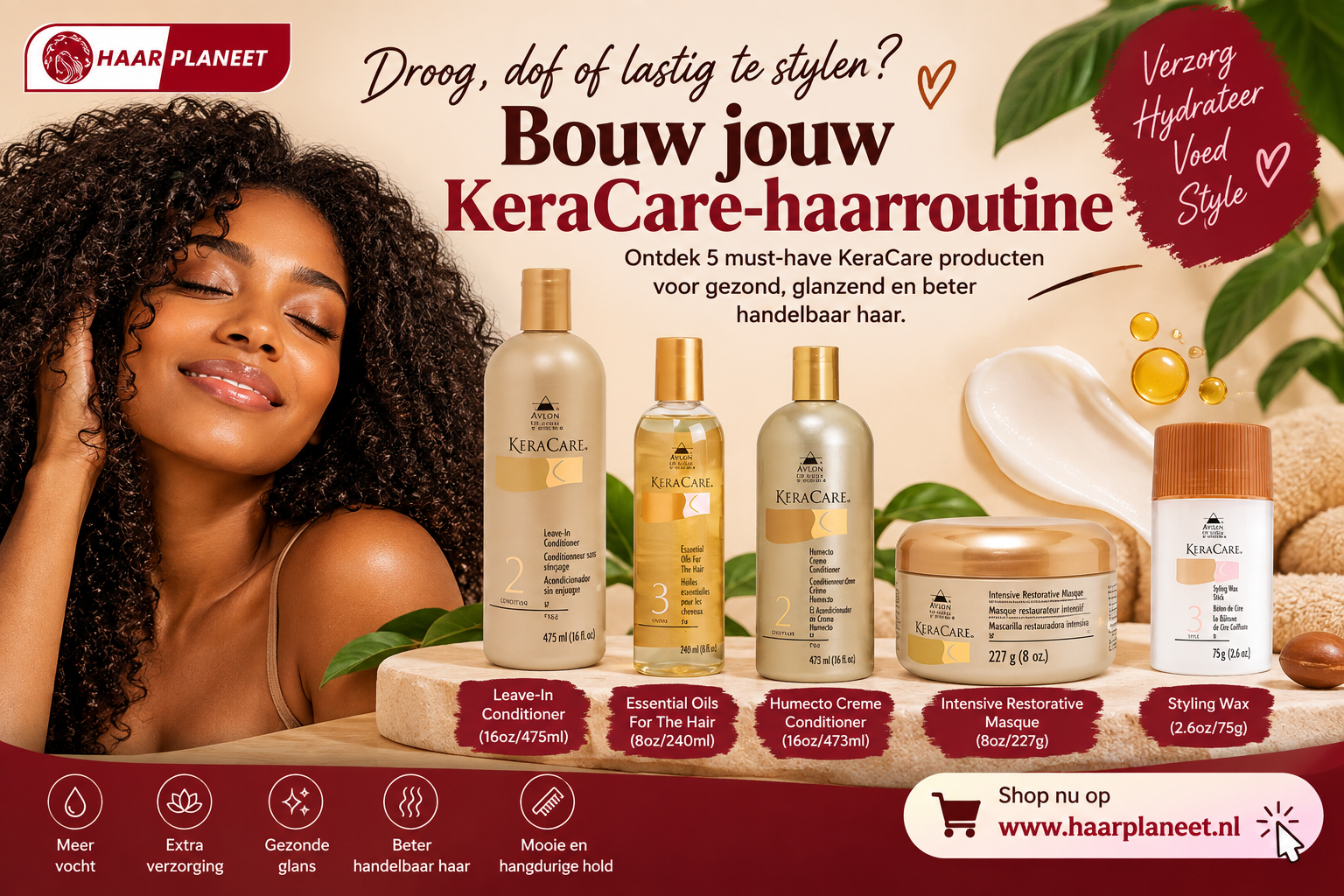 KeraCare haarverzorgingsproducten voor hydratatie, verzorging en styling bij Haarplaneet